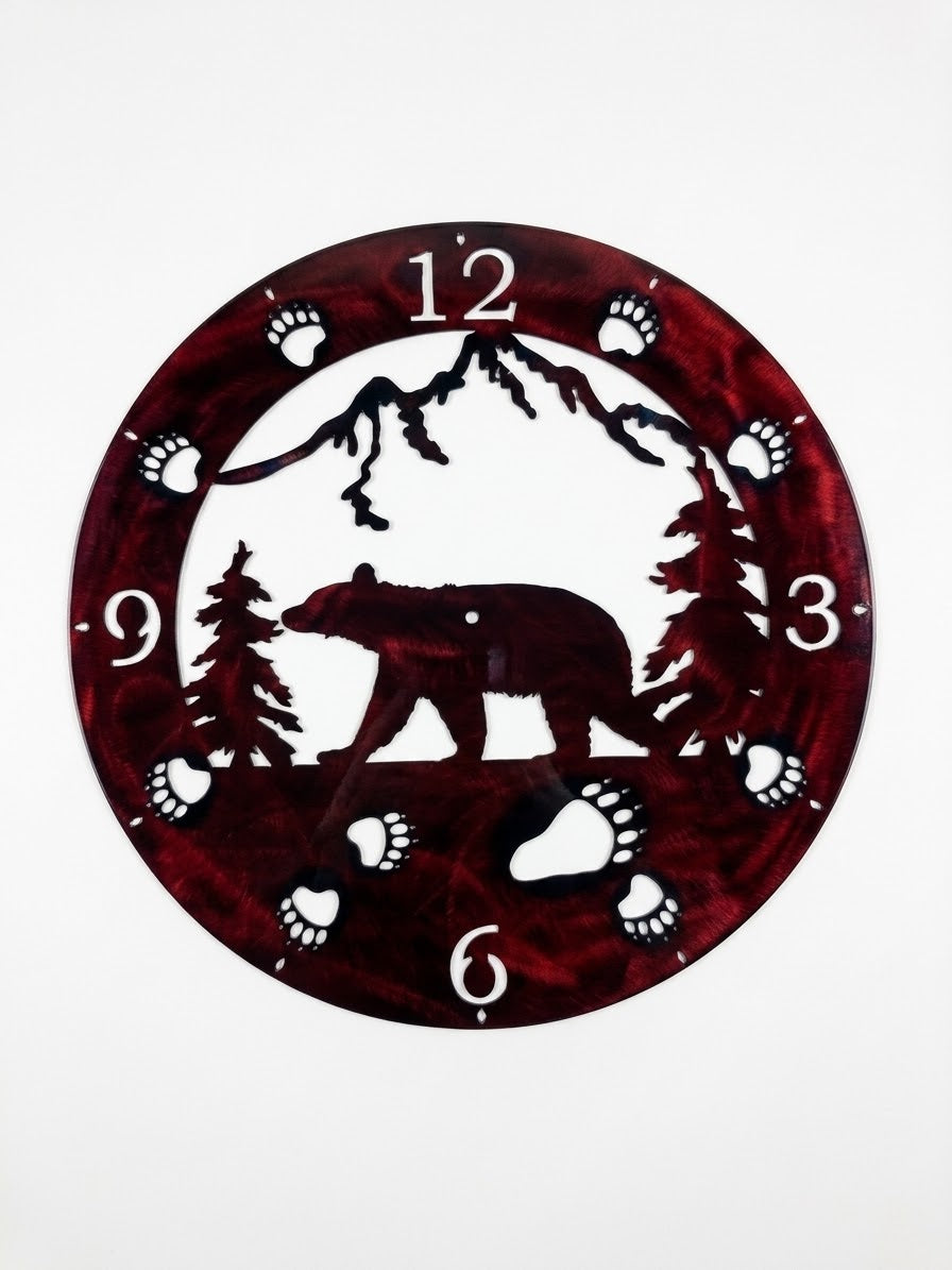 Clock Bear Facing Left with Pine Tree and Mountains Metal Sign 20x20 18 Gauge Steel Wall Decor
