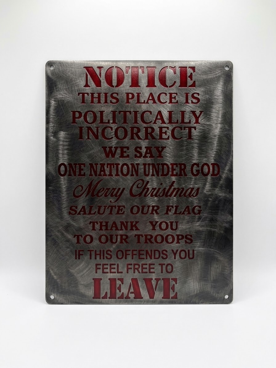 Politically Incorrect Notice Silver w/ red letters Metal Sign 12x9.5 18 Gauge Steel Wall Decor
