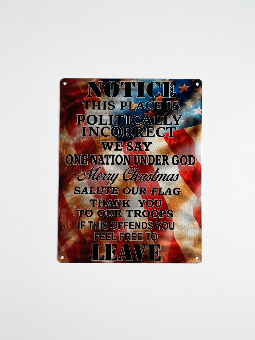 Politically Incorrect Notice US flag w/ black letters Metal Sign 12x9.5 18 Gauge Steel Wall Decor