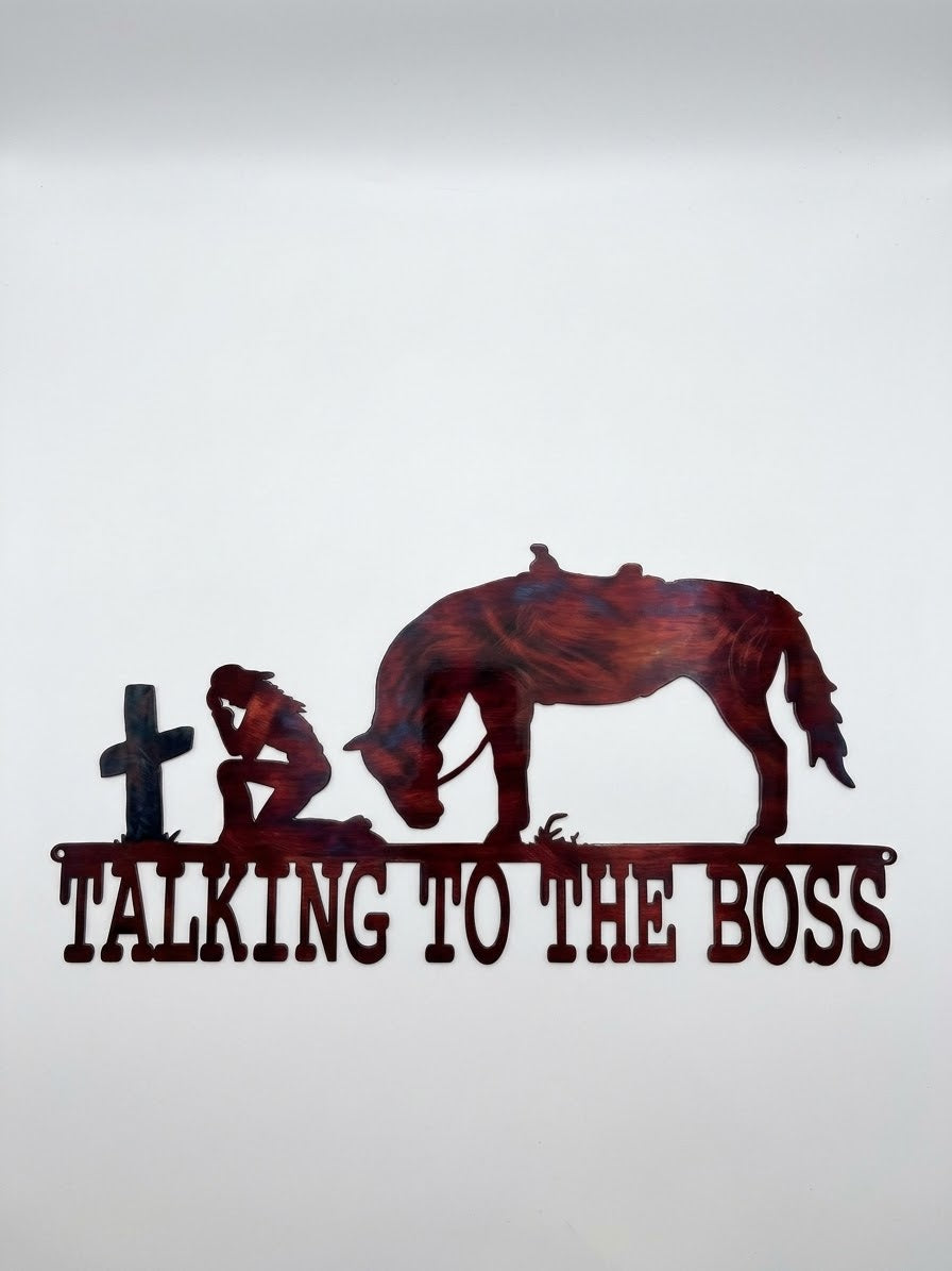 Talking to Boss Female with Horse and Cross Metal Sign 12x24 18 Gauge Steel Wall Decor