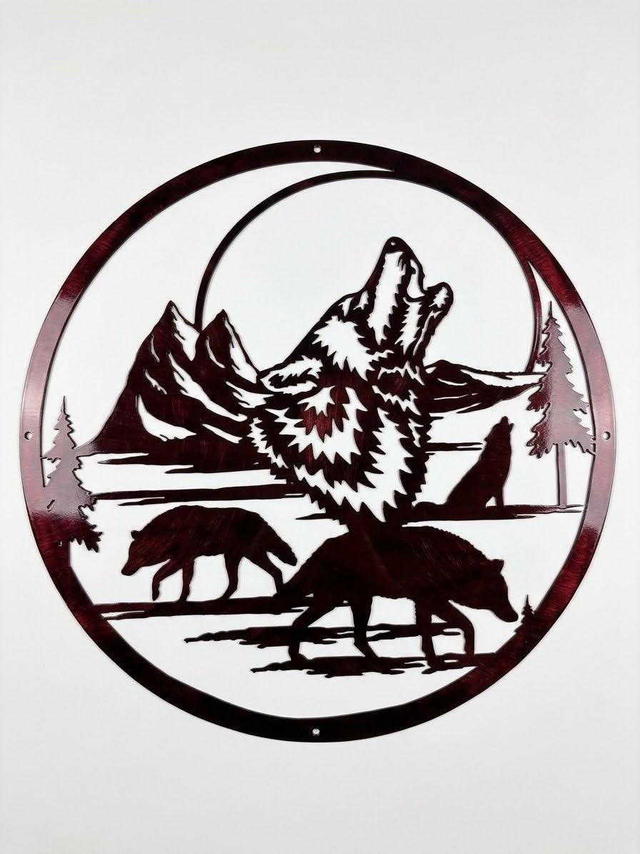 Wildlife 24in Howling Wolf Circle with 3 wolves Metal Sign 24 18 Gauge Steel Wall Decor