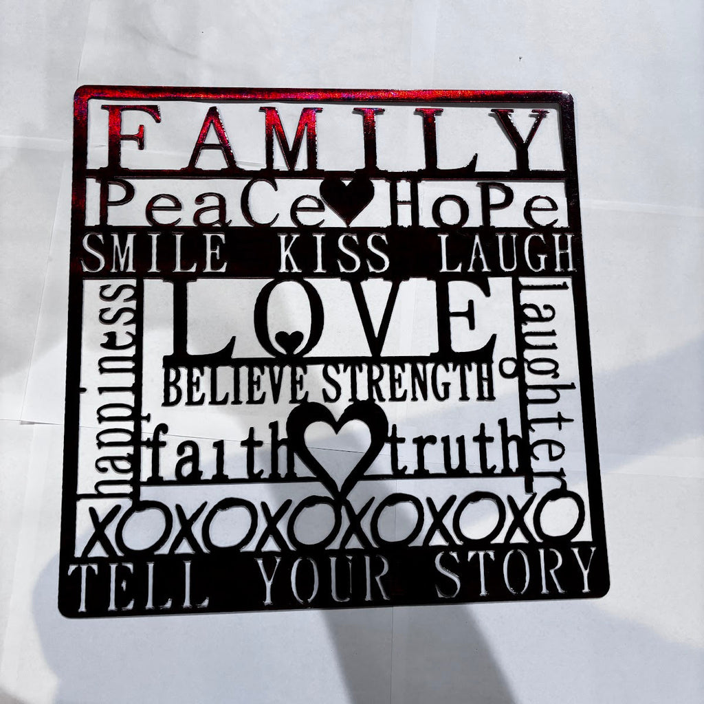 Word 18in Square Family Peace Hope Love Believe Strength Metal Sign 16x16 18 Gauge Steel Wall Decor