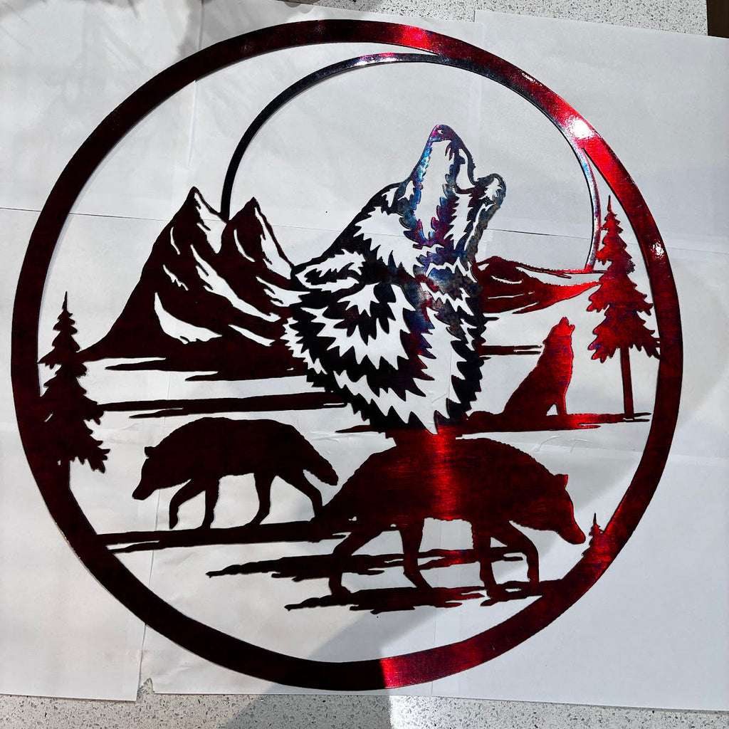 Wildlife 24in Howling Wolf Circle with 3 wolves Metal Sign 24 18 Gauge Steel Wall Decor