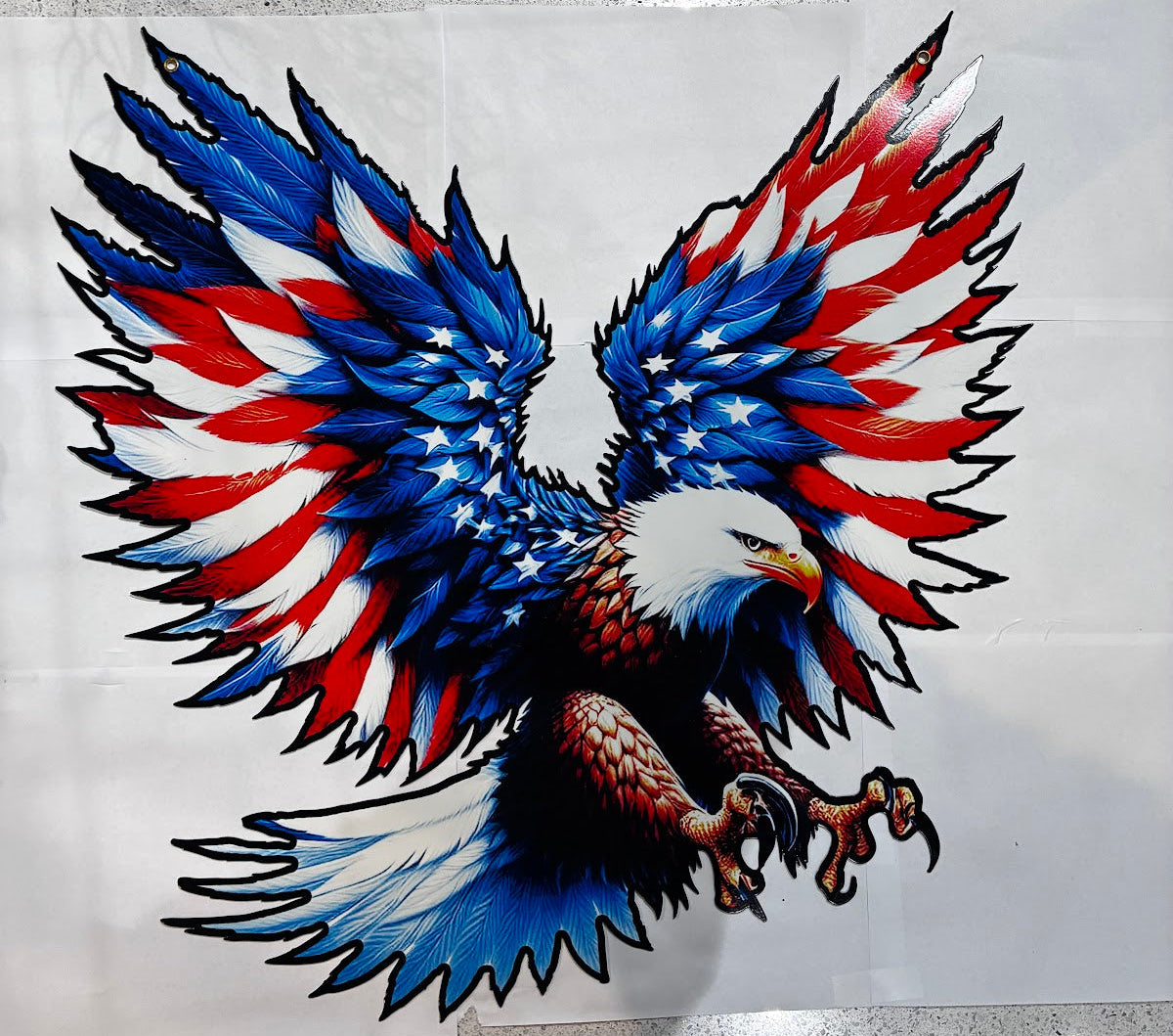 Patriotic 24in Eagle with US flag color wings facing right, mouth closed, talons forward, wings spread Metal Sign 24 18 Gauge Steel Wall Decor