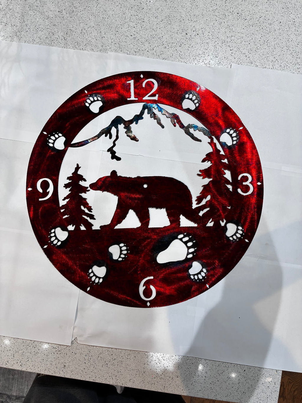 Clock Bear Facing Left with Pine Tree and Mountains Metal Sign 20x20 18 Gauge Steel Wall Decor