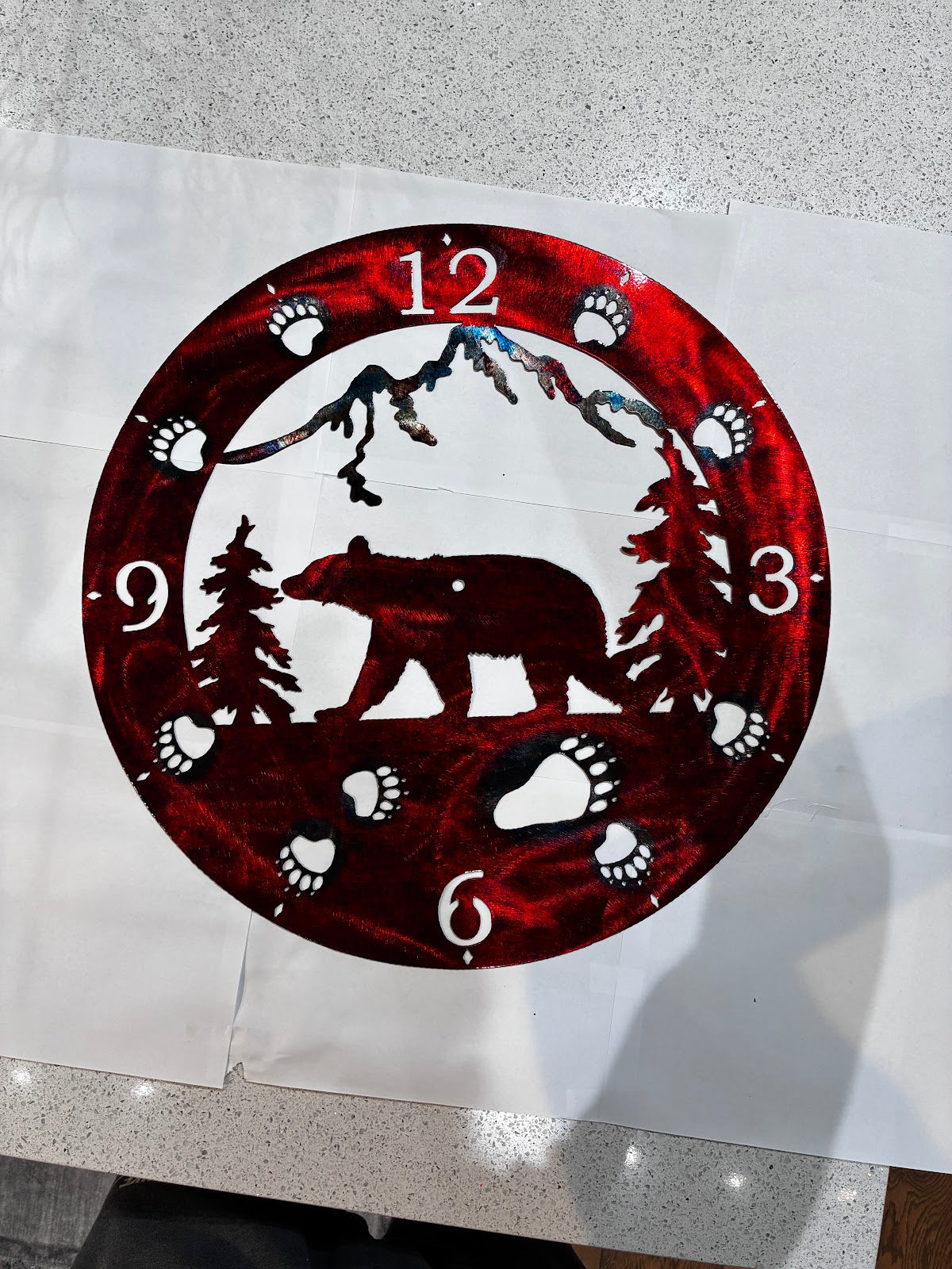 Clock Bear Facing Left with Pine Tree and Mountains Metal Sign 20x20 18 Gauge Steel Wall Decor