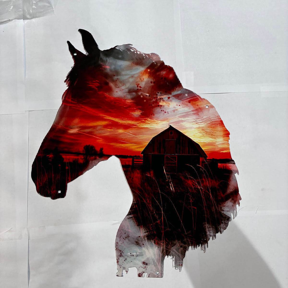 Wildlife Horsehead facing left with orange sunset and barn Metal Sign 16x13 18 Gauge Steel Wall Decor