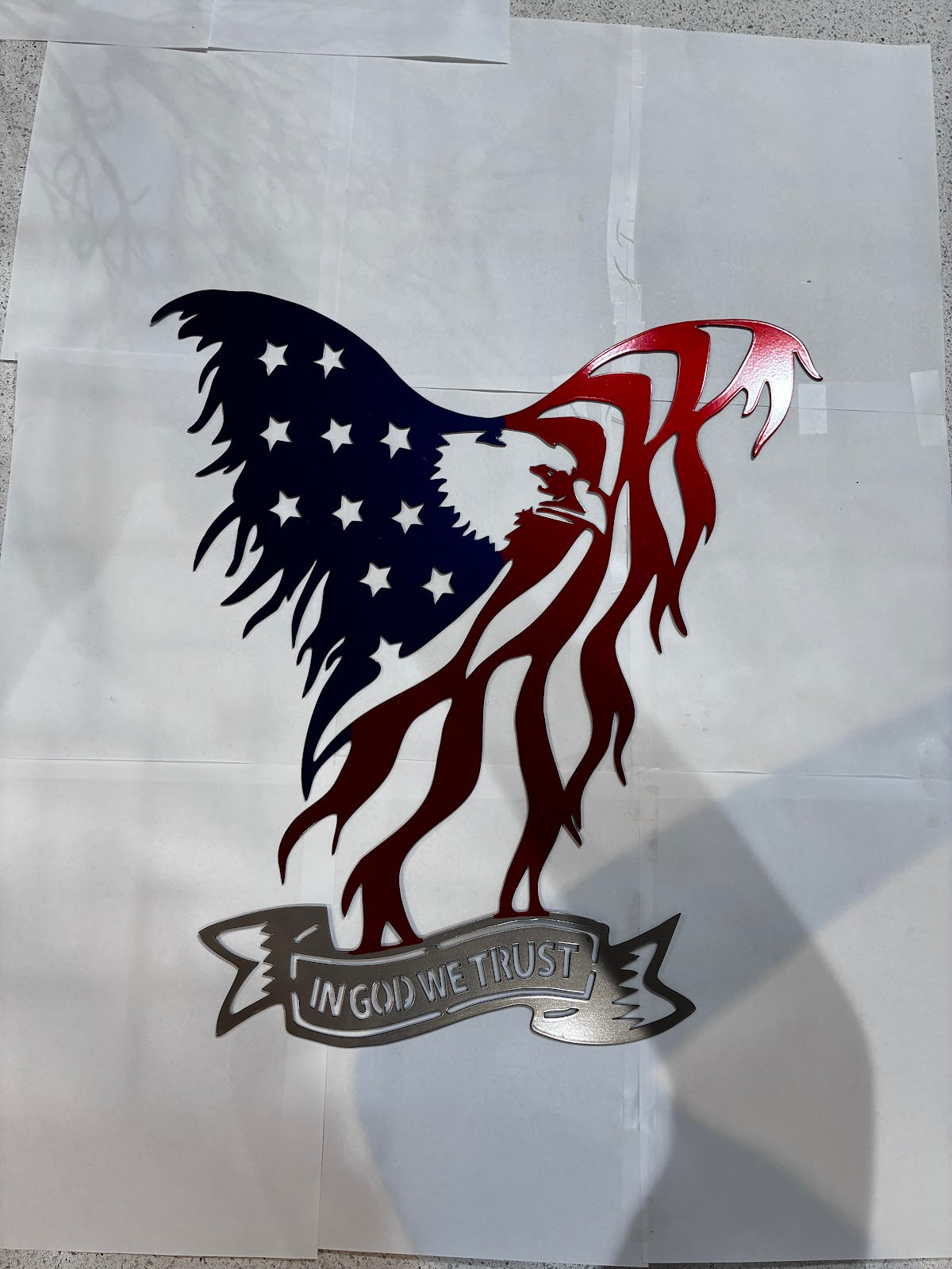 Patriotic 24in Eagle with red and blue flag and In God We Trust on gray ribbon on bottom Metal Sign 19x17 18 Gauge Steel Wall Decor