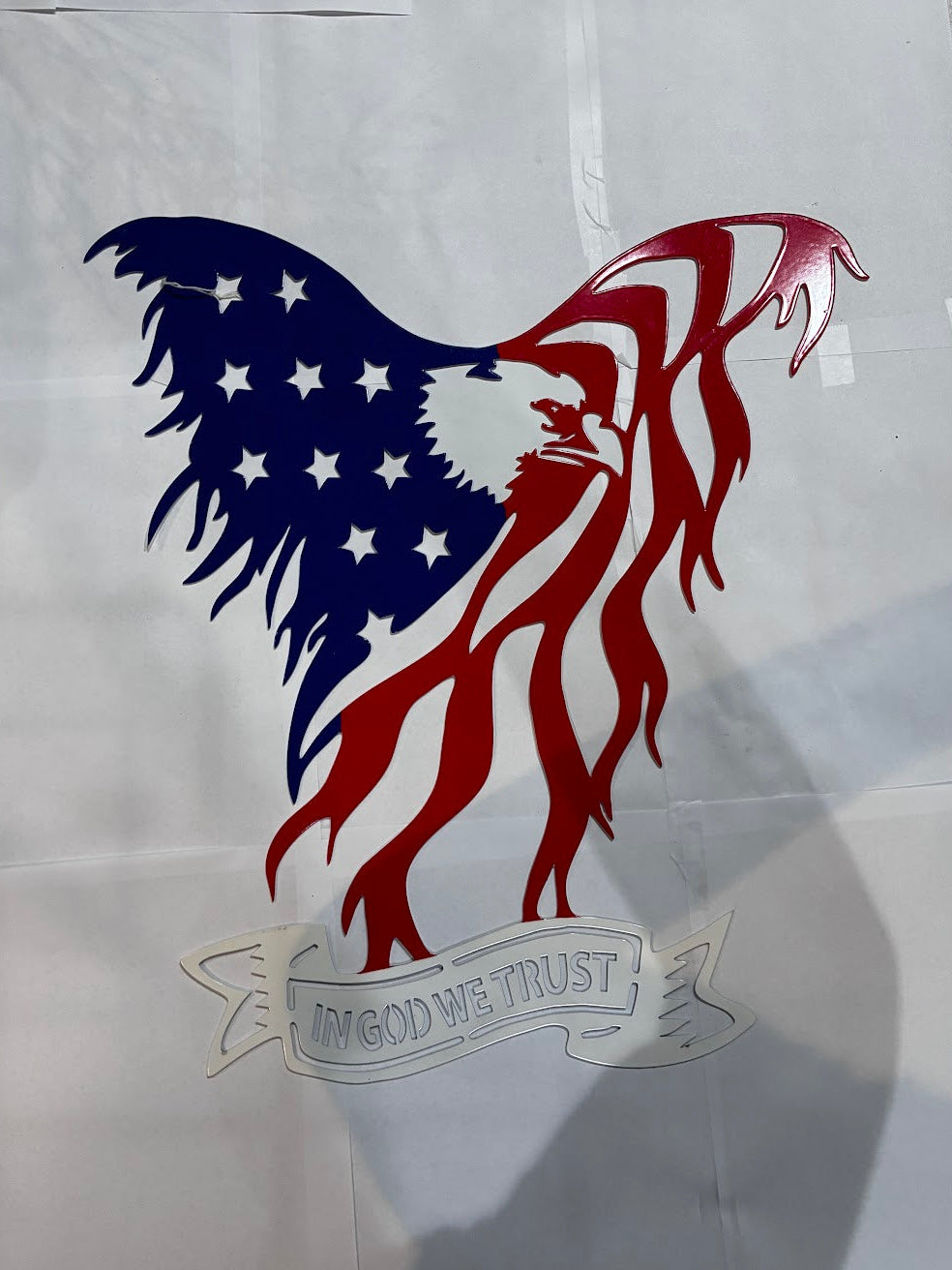Patriotic 24in Eagle with bright red and blue flag and In God We Trust on white ribbon on bottom Metal Sign 19x17 18 Gauge Steel Wall Decor