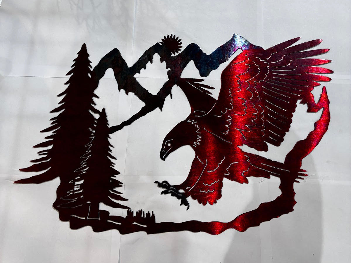 Wildlife Copper Eagle landing with two trees on left and mountains in background Metal Sign 15x22 18 Gauge Steel Wall Decor