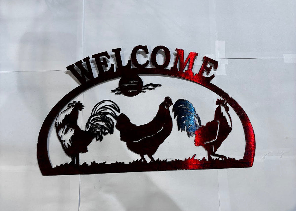 Wildlife Rooster 1/2 Oval Welcome (3 Chickens) Metal Sign 9.75x13.5 18 Gauge Steel Wall Decor