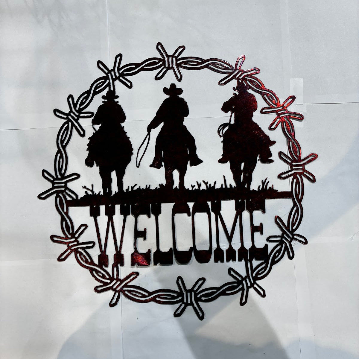 Barbwire circle welcome with three horse riders Metal Sign 15.5 18 Gauge Steel Wall Decor