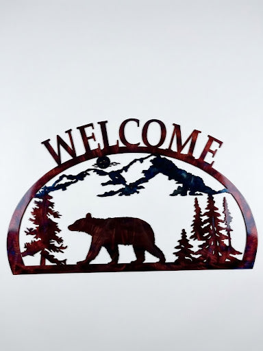 Bear Heading Left With Trees and Blue Mountains 1/2 Oval Welcome Metal Sign