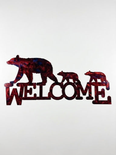 Bear with 2 Cubs Facing Left Welcome Metal Sign 12x23.5