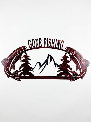 Gone Fishing w/ 2 Fish Facing Inward, 2 Trees, Mountains in Middle 1/2 Oval