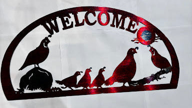 Quail Welcome 6 Quails, 5 Facing The Right Half Oval Metal Sign 12x24