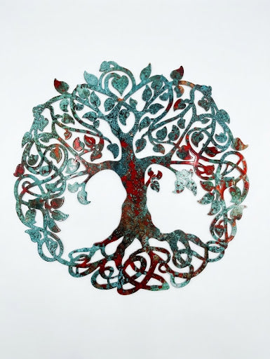 Tree of Life 16in Leaf Green and Red/Orange Metal Sign 18x18 18 Gauge Steel Wall Decor