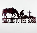 Talking to Boss Male With Horse and Cross Metal Sign 12x24