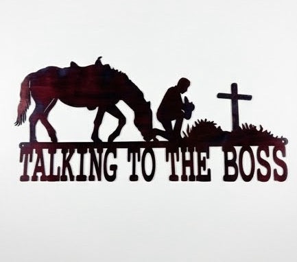 Talking to Boss Male With Horse and Cross Metal Sign 12x24