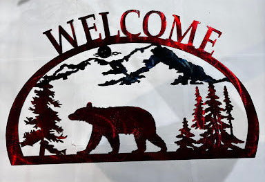 Bear Heading Left With Trees and Blue Mountains 1/2 Oval Welcome Metal Sign