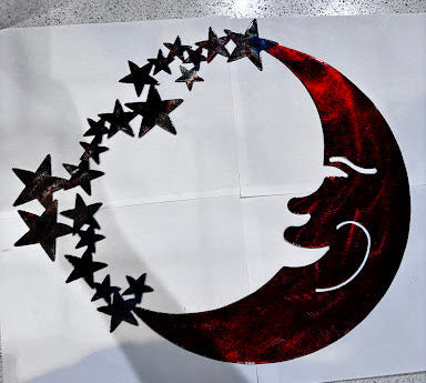Moon Facing Left w/ Stars Circle Copper Metal Sign 17x17