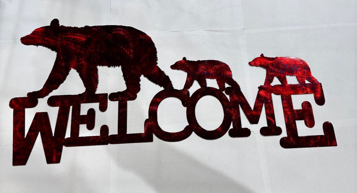 Bear with 2 Cubs Facing Left Welcome Metal Sign 12x23.5