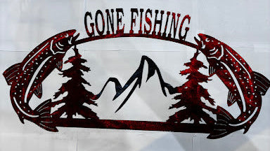 Gone Fishing w/ 2 Fish Facing Inward, 2 Trees, Mountains in Middle 1/2 Oval