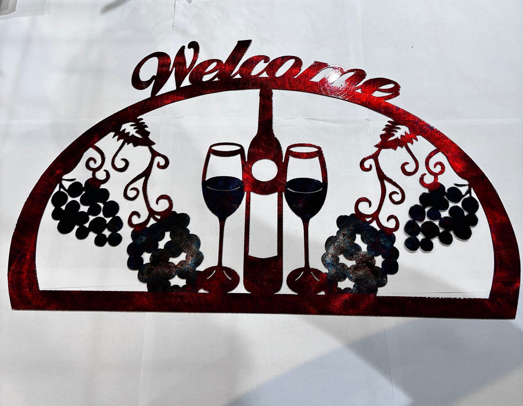 1/2 Oval Welcome 2 Wine Glasses 1 Bottle Metal Sign 14.5x24
