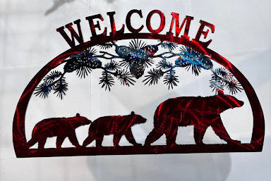 3 Bear Facing Right Pinecone 1/2 Oval Metal Sign 23.5x13.5