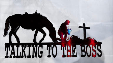 Talking to Boss Male With Horse and Cross Metal Sign 12x24