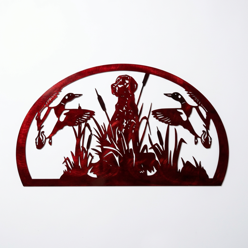 Dog 2 Ducks Cat Tail Plants Copper Half Oval Metal Sign 13x23.5