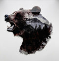 Colored Bear Head Facing Left with Mountain in Background and Tree on the Right