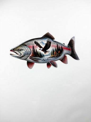 Salmon Fish W/ Eagle Inside Colorful Metal Sign 9x15.5 18 Gauge Steel Wall Decor