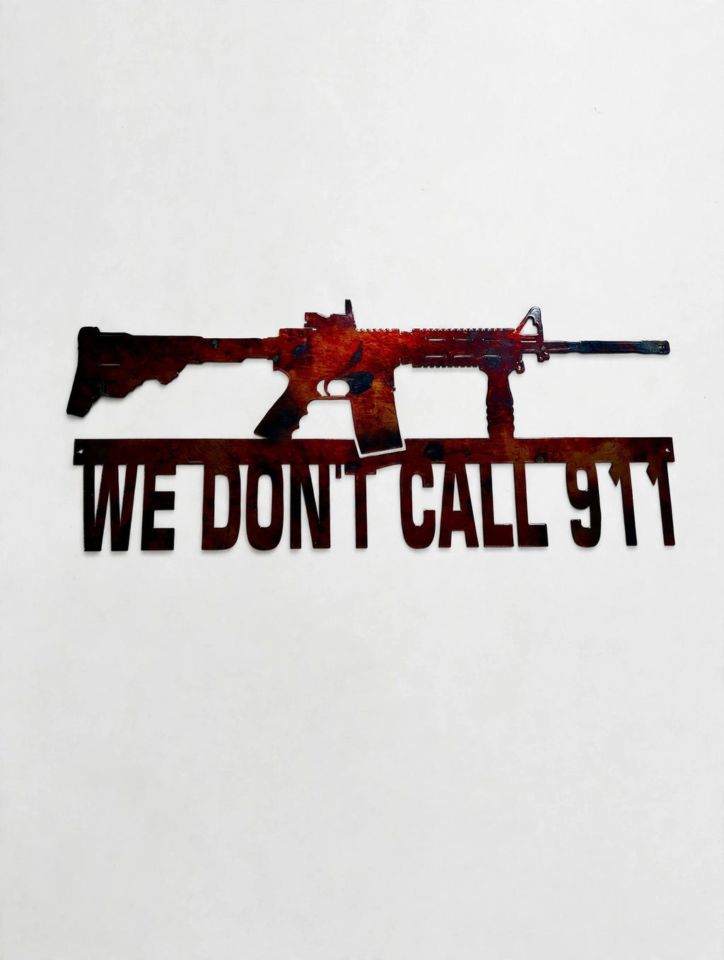 Patriotic 16in AR-15 We don't call 911 Gun aimed to the right Metal Sign